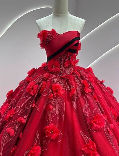 Fashionable Strapless A-Line Long Evening Dresses Red Beads Handmade Flowers Prom Dress AP3164