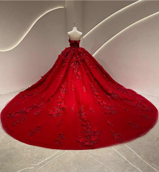 Fashionable Strapless A-Line Long Evening Dresses Red Beads Handmade Flowers Prom Dress AP3164