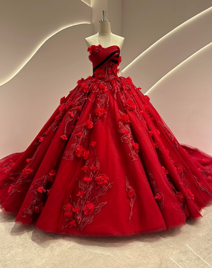 Fashionable Strapless A-Line Long Evening Dresses Red Beads Handmade Flowers Prom Dress AP3164
