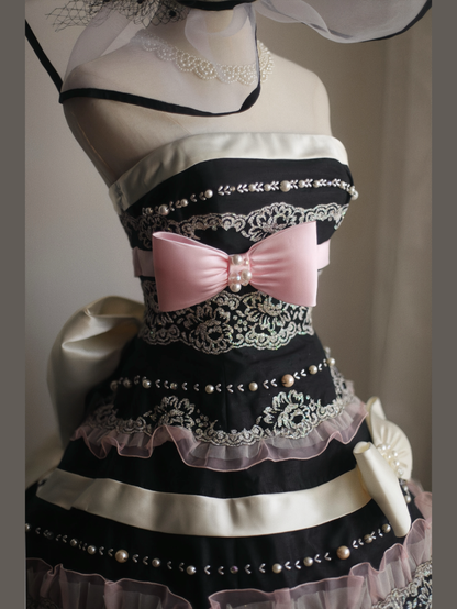 French Style Strapless A-Line Long Evening Gowns Bows Beads Lace Sequins Prom Dress AP3165