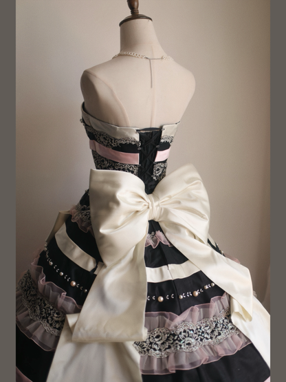 French Style Strapless A-Line Long Evening Gowns Bows Beads Lace Sequins Prom Dress AP3165