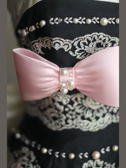 French Style Strapless A-Line Long Evening Gowns Bows Beads Lace Sequins Prom Dress AP3165