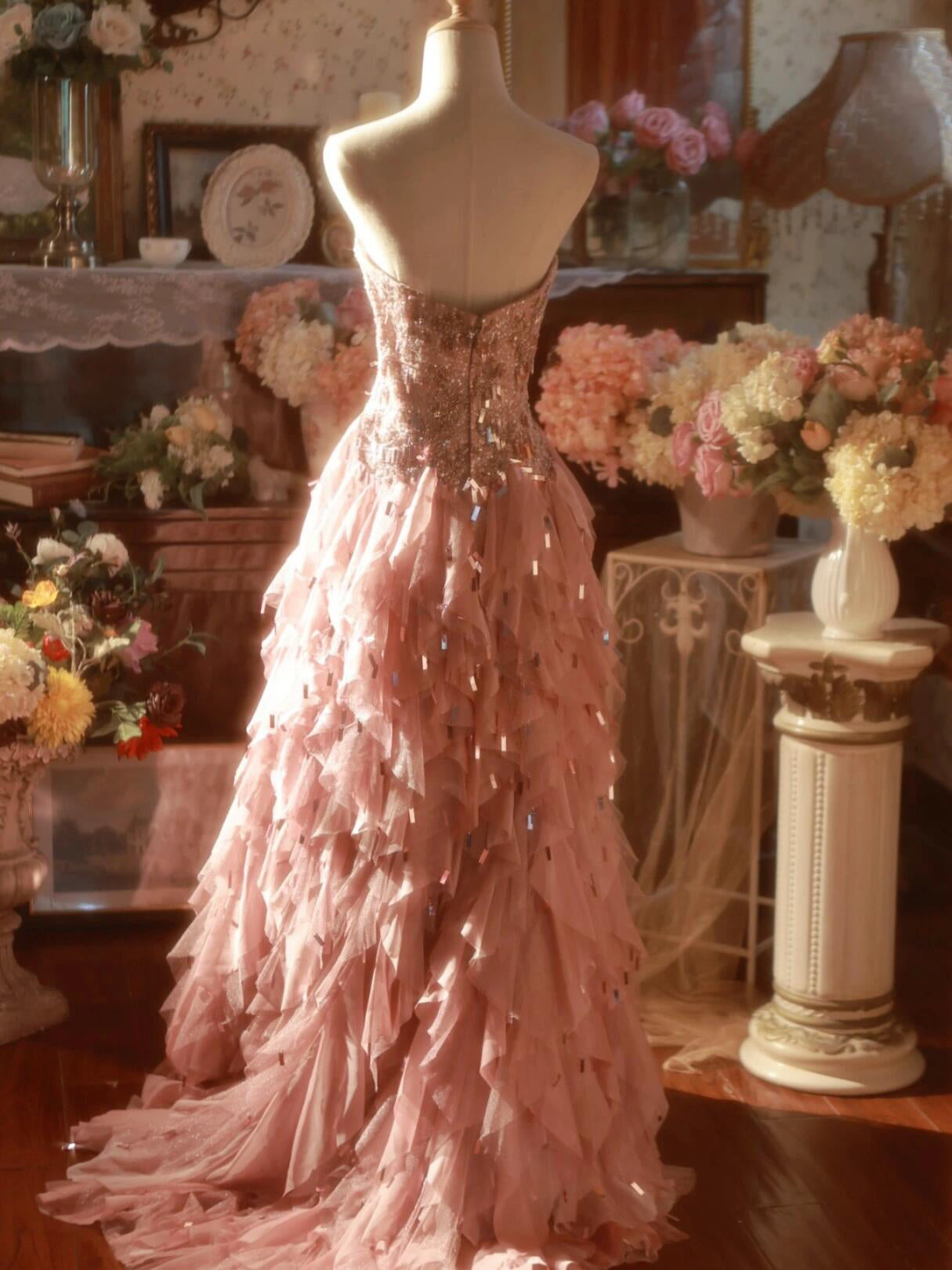 Sparkly Strapless A-Line Long Sweet 16th Gowns Ruffled Tulle Sequins Beading Prom Dress AP3168