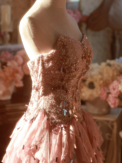 Sparkly Strapless A-Line Long Sweet 16th Gowns Ruffled Tulle Sequins Beading Prom Dress AP3168