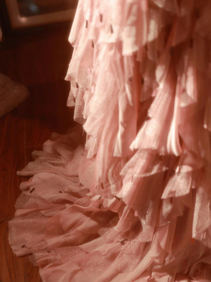 Sparkly Strapless A-Line Long Sweet 16th Gowns Ruffled Tulle Sequins Beading Prom Dress AP3168