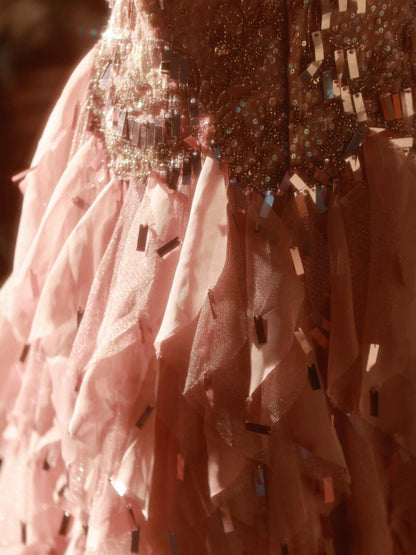 Sparkly Strapless A-Line Long Sweet 16th Gowns Ruffled Tulle Sequins Beading Prom Dress AP3168