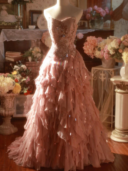 Sparkly Strapless A-Line Long Sweet 16th Gowns Ruffled Tulle Sequins Beading Prom Dress AP3168