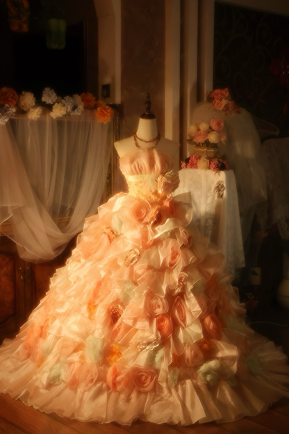 Adorable Strapless A-Line Long Sweet 16th Gowns Sequins Beading Handmade Flowers Prom Dress AP3169