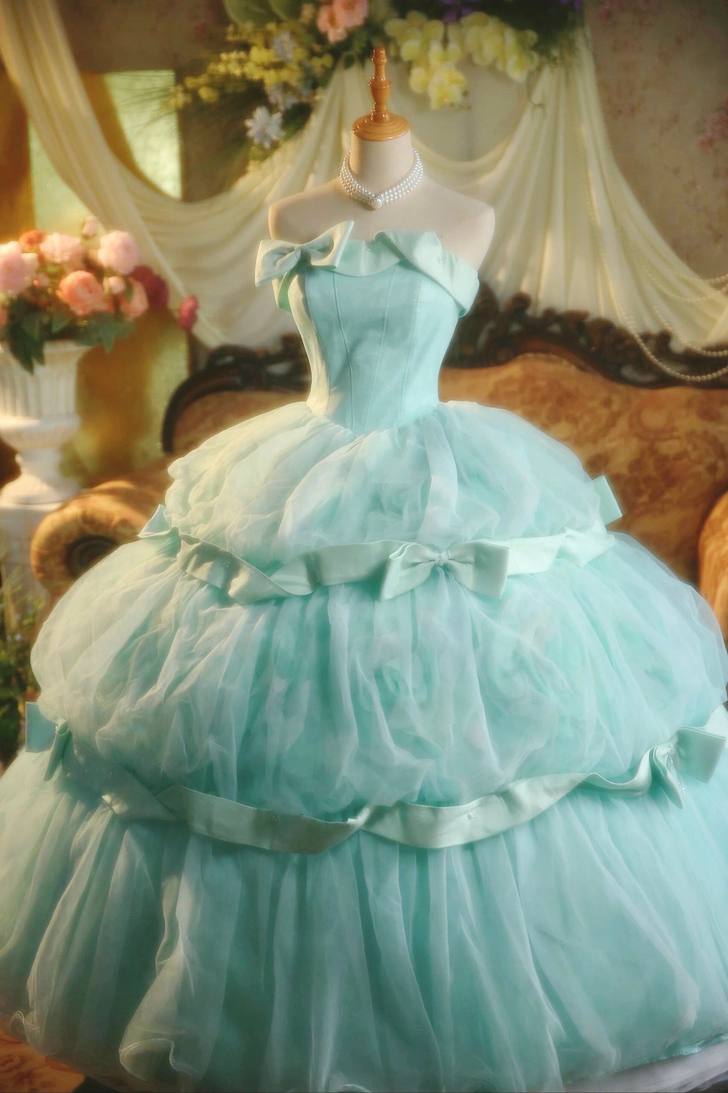 Playful Strapless A-Line Long Sweet 16th Ball Gowns Bows Tulle Prom Dress AP3170