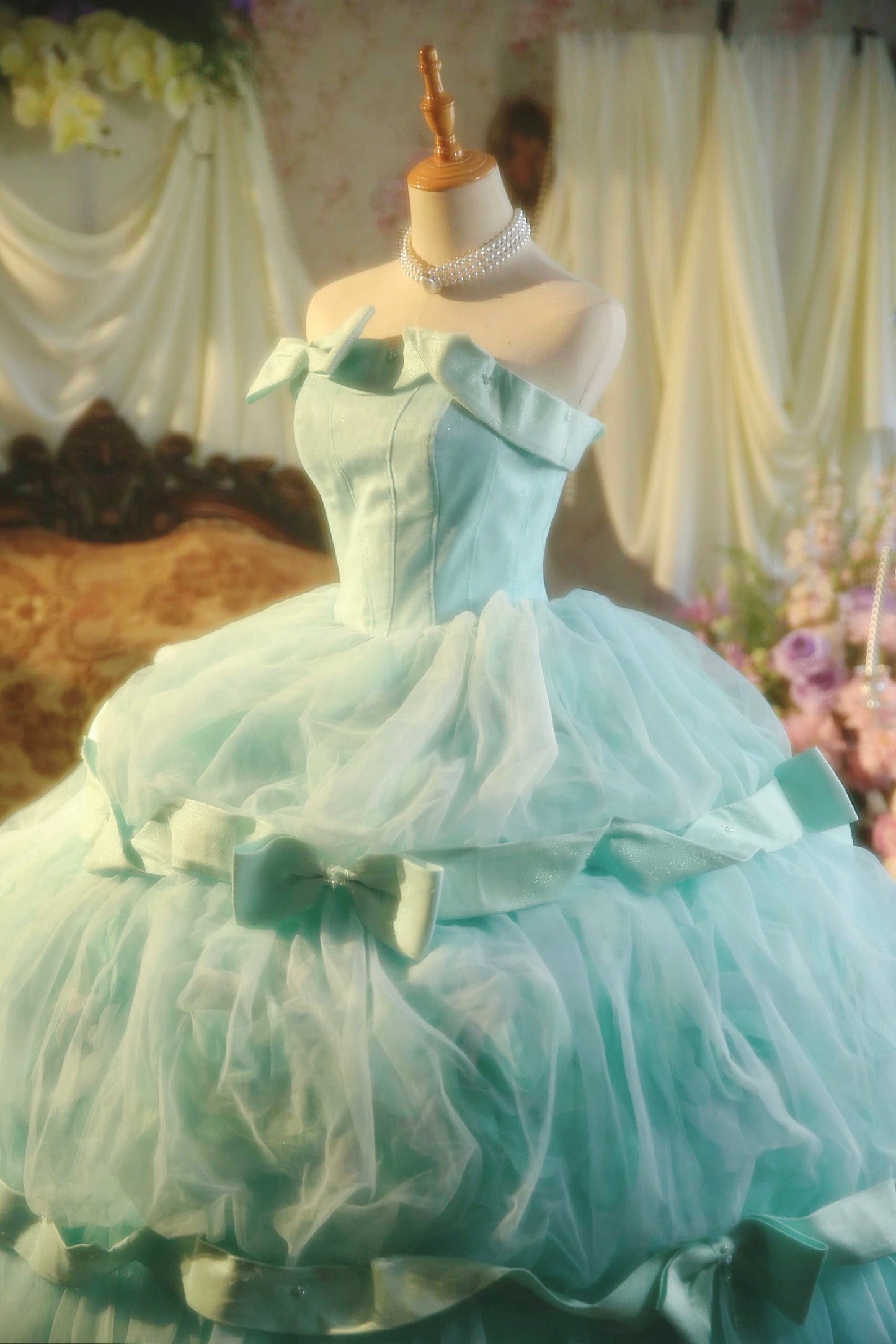 Playful Strapless A-Line Long Sweet 16th Ball Gowns Bows Tulle Prom Dress AP3170