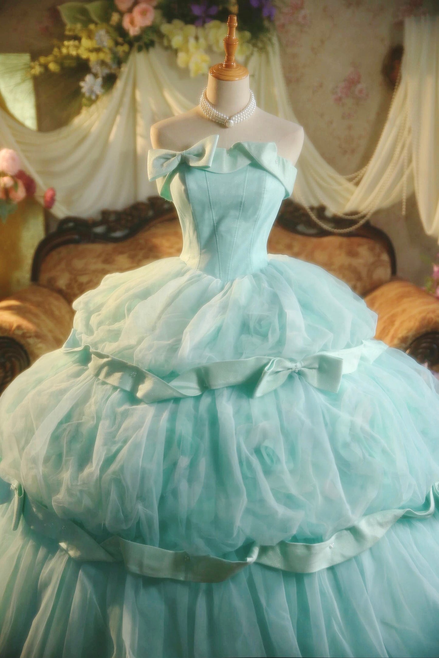 Playful Strapless A-Line Long Sweet 16th Ball Gowns Bows Tulle Prom Dress AP3170