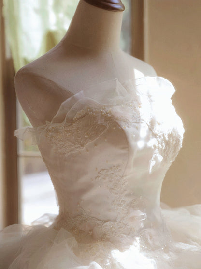 Bling A-Line Strapless Engagement Gowns Sequins Appliques Ruffled Tulle Wedding Dress AP3171