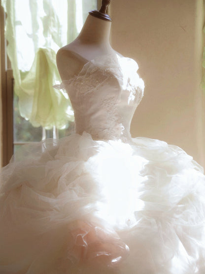 Bling A-Line Strapless Engagement Gowns Sequins Appliques Ruffled Tulle Wedding Dress AP3171