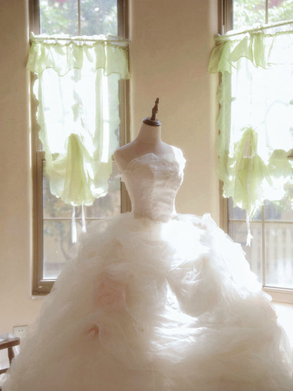 Bling A-Line Strapless Engagement Gowns Sequins Appliques Ruffled Tulle Wedding Dress AP3171