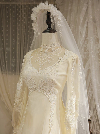 Simple A-Line Jewel Neck Bridal Gowns Sheer Long Sleeve Appliques Beads Tulle Wedding Dress AP3173