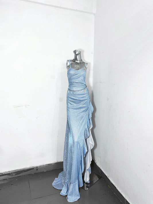 New Sheath Spaghetti Strap Evening Dress Sequins Ruffles Slit Prom Dress AP3176