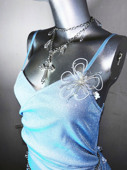 New Sheath Spaghetti Strap Evening Dress Sequins Ruffles Slit Prom Dress AP3176