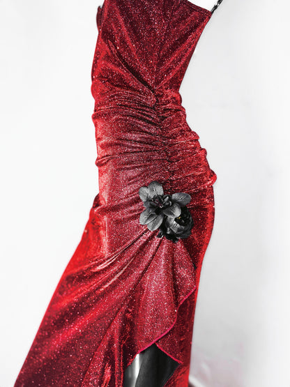 Flattering Sheath Spaghetti Strap Red Evening Dress Applique Sequins Ruffles Slit Prom Dress AP3177