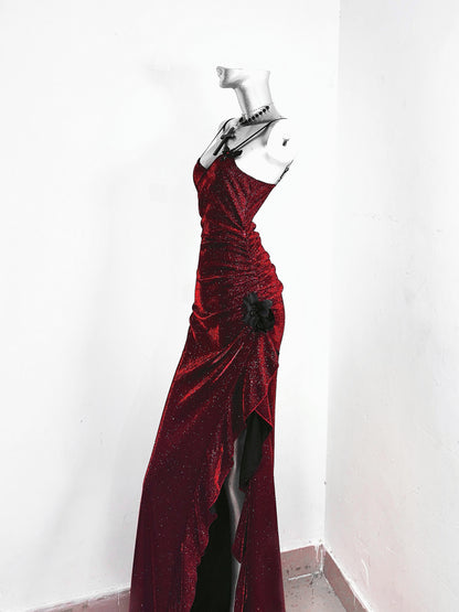 Flattering Sheath Spaghetti Strap Red Evening Dress Applique Sequins Ruffles Slit Prom Dress AP3177