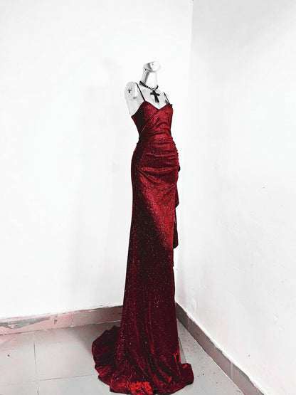 Flattering Sheath Spaghetti Strap Red Evening Dress Applique Sequins Ruffles Slit Prom Dress AP3177