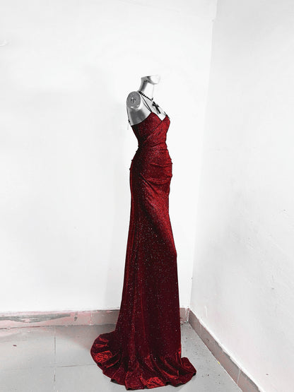 Flattering Sheath Spaghetti Strap Red Evening Dress Applique Sequins Ruffles Slit Prom Dress AP3177