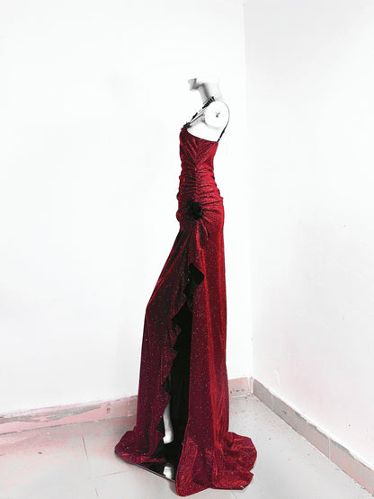 Flattering Sheath Spaghetti Strap Red Evening Dress Applique Sequins Ruffles Slit Prom Dress AP3177