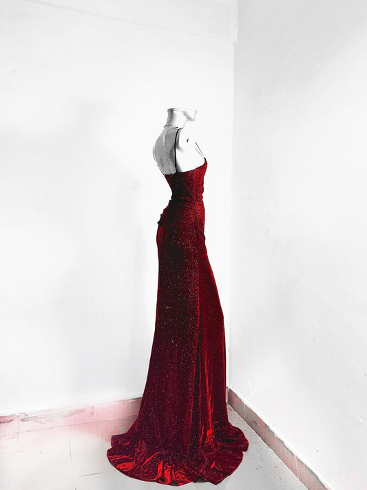 Flattering Sheath Spaghetti Strap Red Evening Dress Applique Sequins Ruffles Slit Prom Dress AP3177