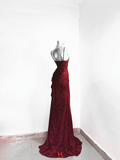 Flattering Sheath Spaghetti Strap Red Evening Dress Applique Sequins Ruffles Slit Prom Dress AP3177