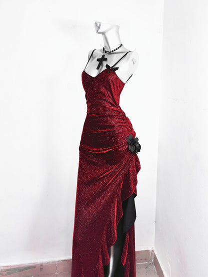 Flattering Sheath Spaghetti Strap Red Evening Dress Applique Sequins Ruffles Slit Prom Dress AP3177