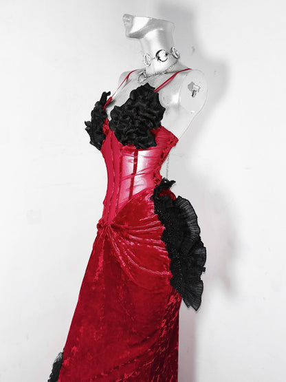 Trendy Sheath Spaghetti Strap Red Evening Dress Velvet Ruffles Prom Dress AP3178