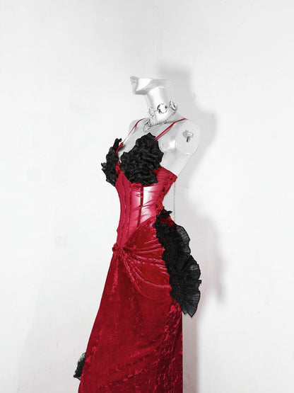 Trendy Sheath Spaghetti Strap Red Evening Dress Velvet Ruffles Prom Dress AP3178