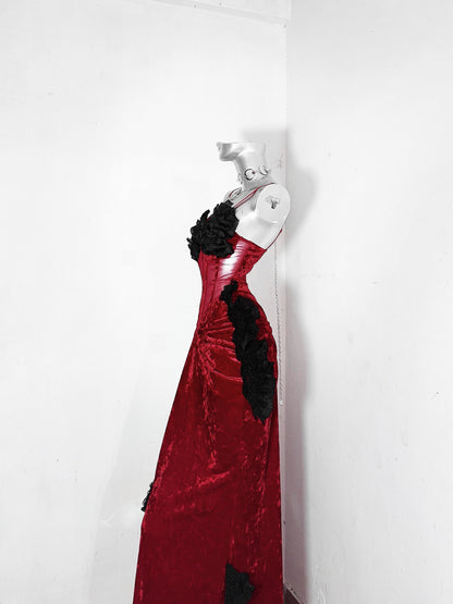 Trendy Sheath Spaghetti Strap Red Evening Dress Velvet Ruffles Prom Dress AP3178