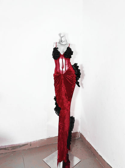 Trendy Sheath Spaghetti Strap Red Evening Dress Velvet Ruffles Prom Dress AP3178