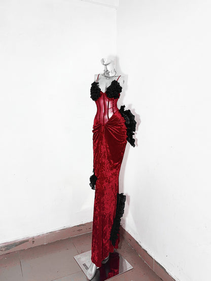 Trendy Sheath Spaghetti Strap Red Evening Dress Velvet Ruffles Prom Dress AP3178