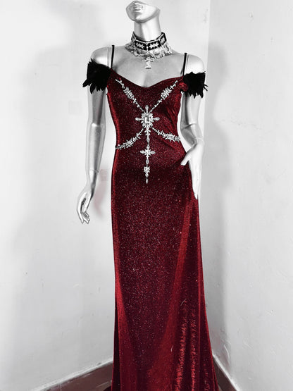 Sexy Off-Shoulder Sheath Maxi Dress Sequins Rhinestones Floor-Length Prom Dress AP3180