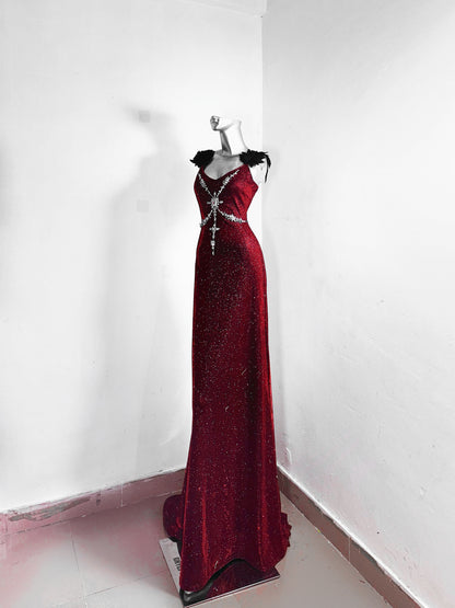 Sexy Off-Shoulder Sheath Maxi Dress Sequins Rhinestones Floor-Length Prom Dress AP3180