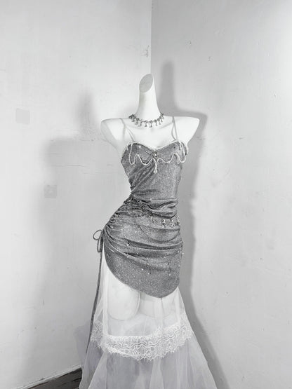 Glittering Sheath Spaghetti Strap Evening Dress Gathered Beading Lace Tulle Prom Dress AP3181