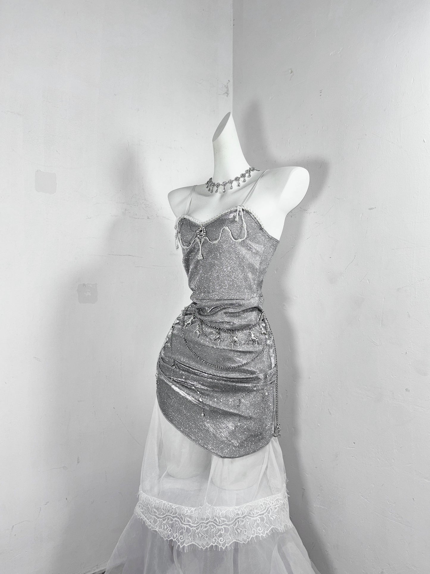 Glittering Sheath Spaghetti Strap Evening Dress Gathered Beading Lace Tulle Prom Dress AP3181