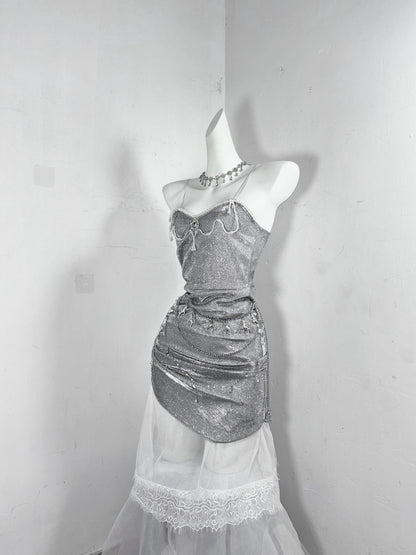 Glittering Sheath Spaghetti Strap Evening Dress Gathered Beading Lace Tulle Prom Dress AP3181