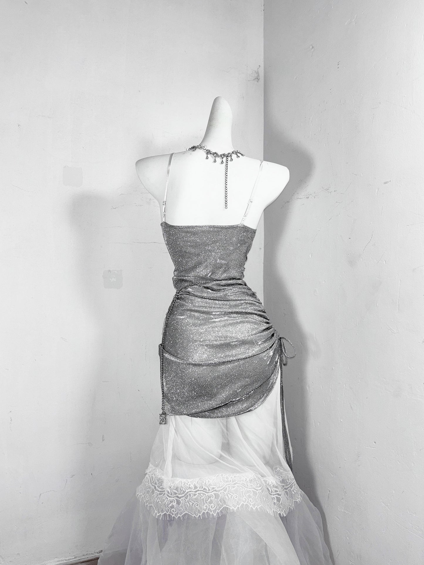 Glittering Sheath Spaghetti Strap Evening Dress Gathered Beading Lace Tulle Prom Dress AP3181