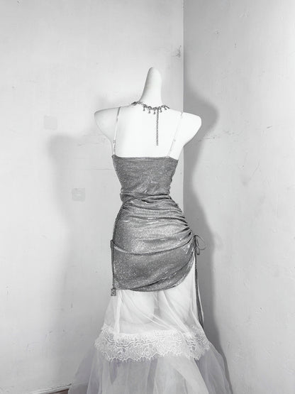 Glittering Sheath Spaghetti Strap Evening Dress Gathered Beading Lace Tulle Prom Dress AP3181