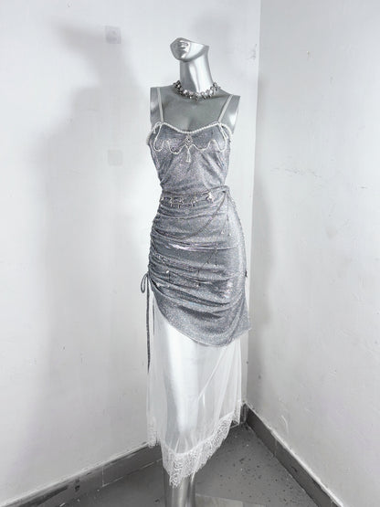 Glittering Sheath Spaghetti Strap Evening Dress Gathered Beading Lace Tulle Prom Dress AP3181