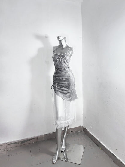 Glittering Sheath Spaghetti Strap Evening Dress Gathered Beading Lace Tulle Prom Dress AP3181