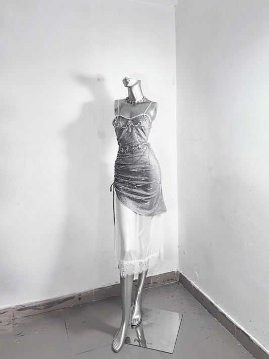 Glittering Sheath Spaghetti Strap Evening Dress Gathered Beading Lace Tulle Prom Dress AP3181