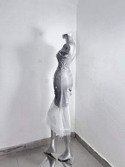 Glittering Sheath Spaghetti Strap Evening Dress Gathered Beading Lace Tulle Prom Dress AP3181