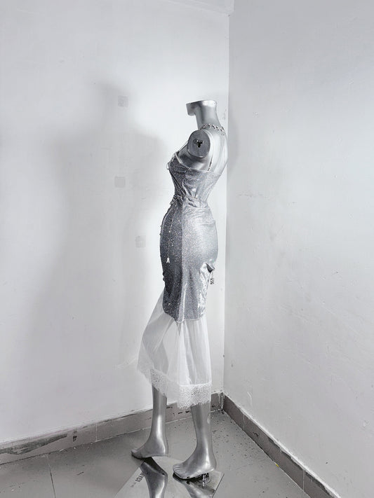 Glittering Sheath Spaghetti Strap Evening Dress Gathered Beading Lace Tulle Prom Dress AP3181