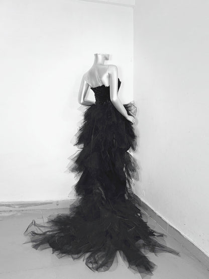 Modern Strapless A-Line Birthday Gowns With Train Rhinestones Feathers Homecoming Dress AP3182