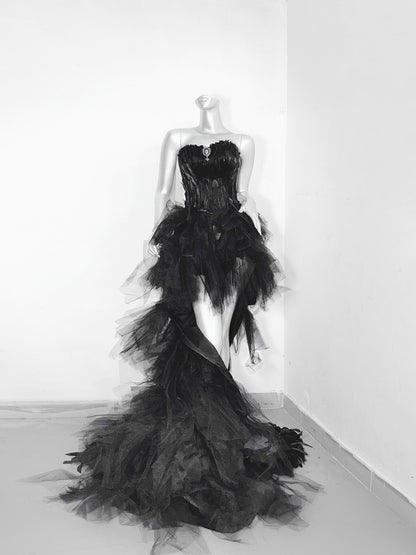 Modern Strapless A-Line Birthday Gowns With Train Rhinestones Feathers Homecoming Dress AP3182