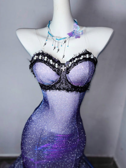 Pretty Strapless Mermaid Evening Gowns Lace Sequins Beads Prom Dress AP3184