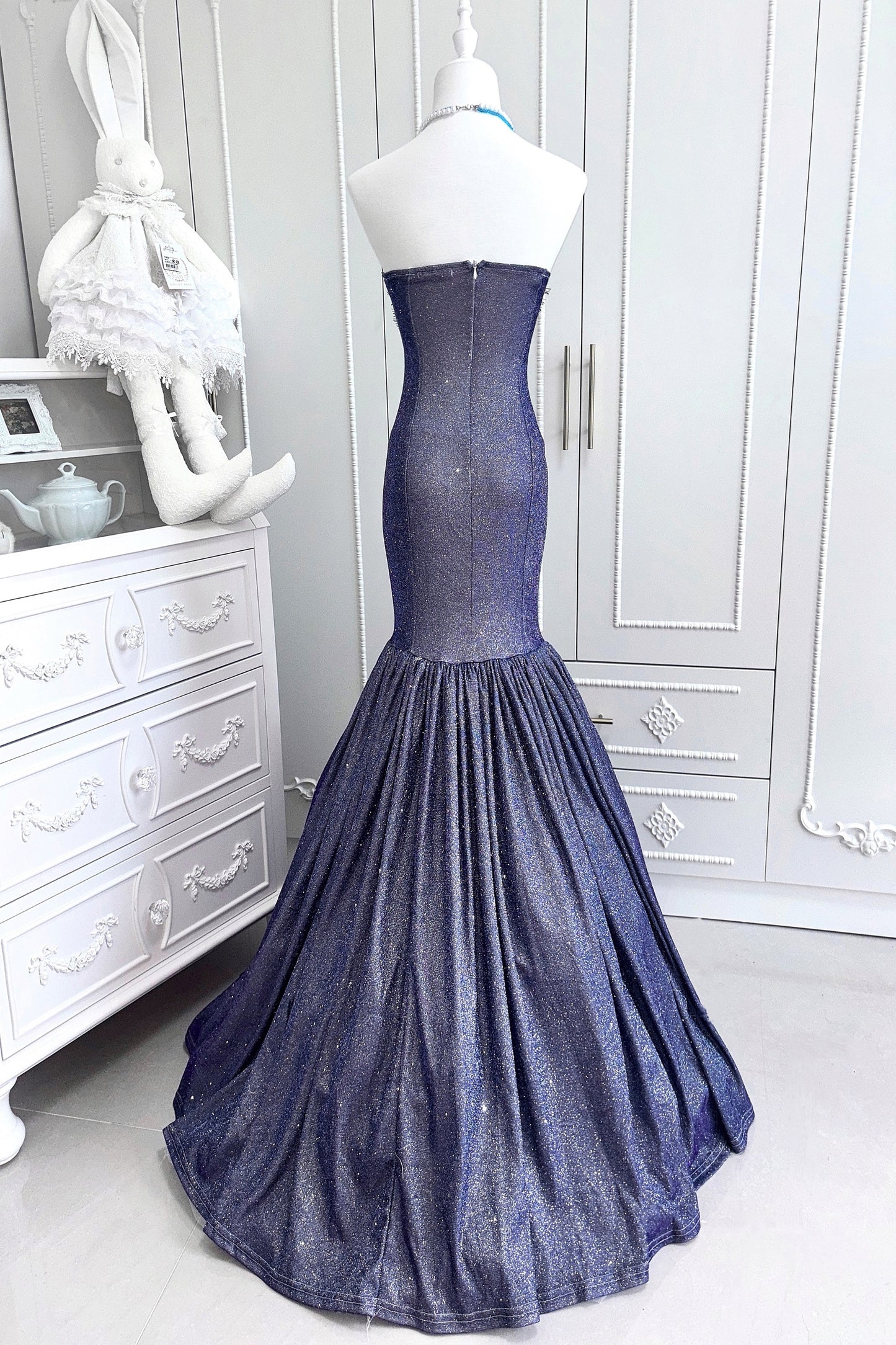 Pretty Strapless Mermaid Evening Gowns Lace Sequins Beads Prom Dress AP3184